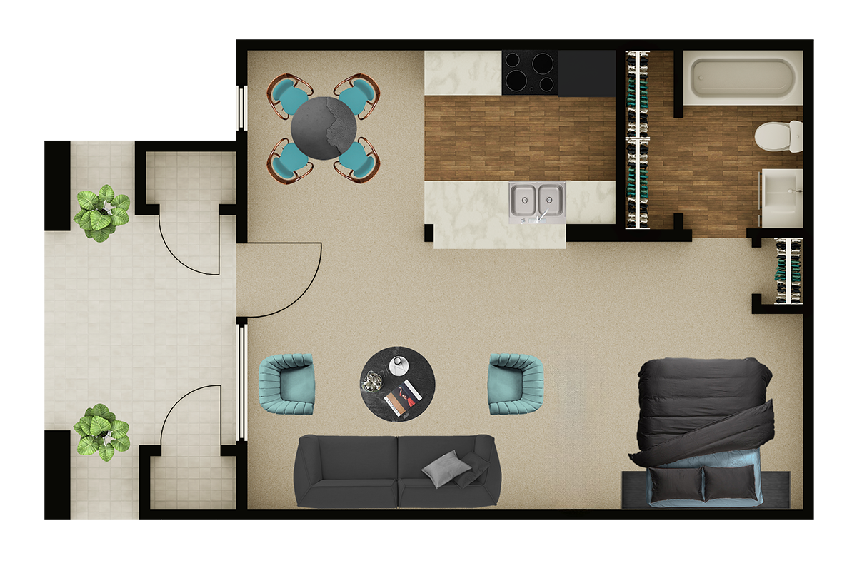 Floor plan for studio, 1 bath, 480 sqft